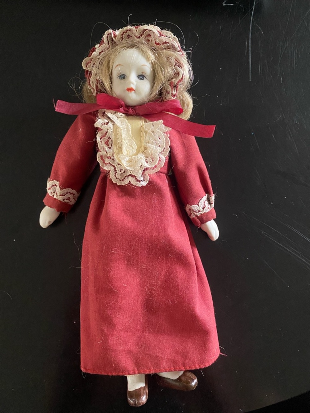 Vintage Porcelain Doll Victorian Style Red Dress Lace Trim Small Collector Doll